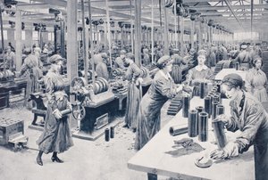 Kvinder, der arbejder på en ammunitionsfabrik i 1915